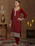 Libas Womens Embroidered Silk Blend Straight Kurta With Trousers And Dupatta Maroon Xs