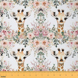 Cute Giraffe Fabric By The Yard, Pink Rose Upholstery Fabric,Cartoon Animal Decorative Fabric Floral Flower Outdoor Fabric,Botan