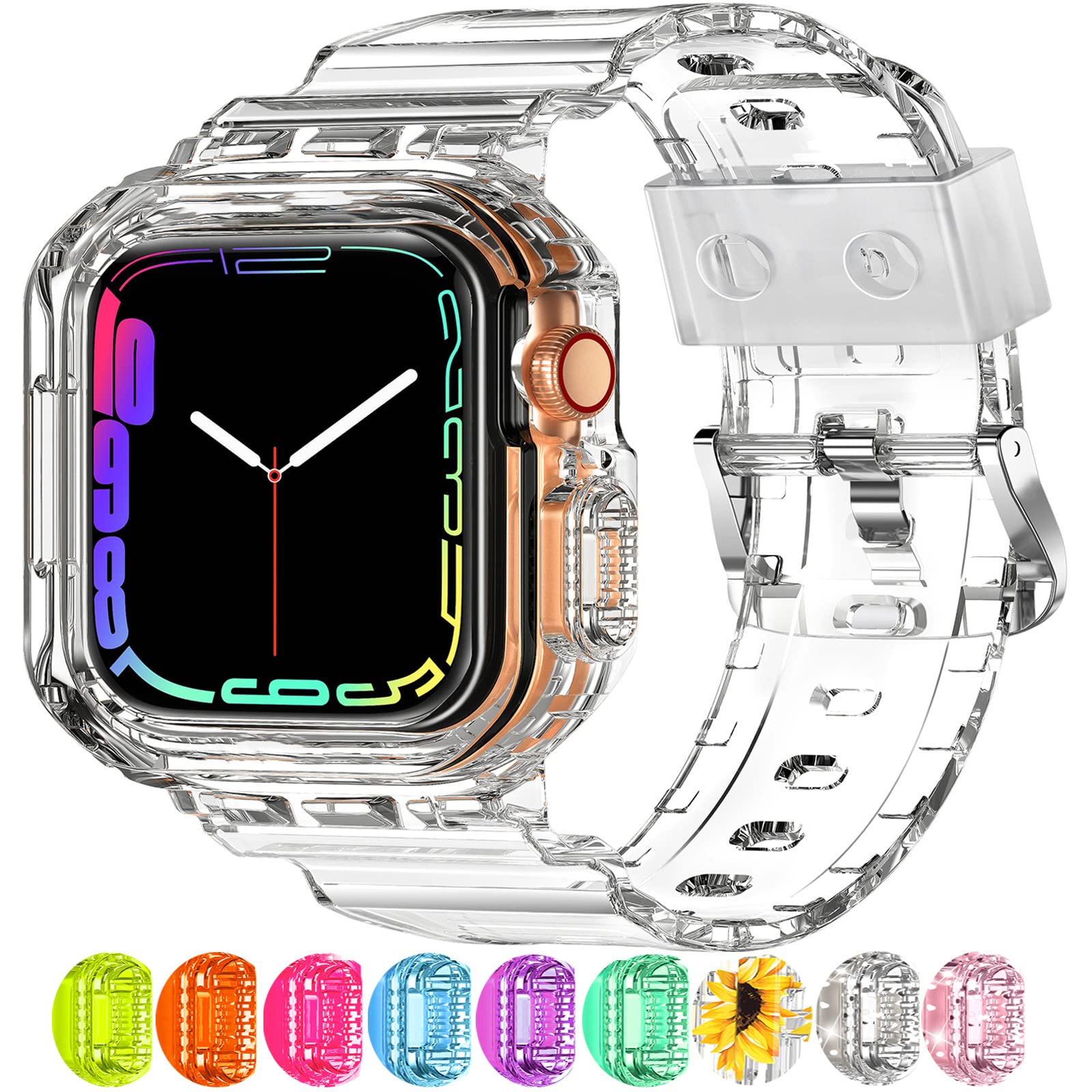 XYF Compatible for Crystal Clear Apple Watch Bands, 45mm 44mm 42mm Bumper Case for Men Women Jelly Sport Case Band for iWatch Ul