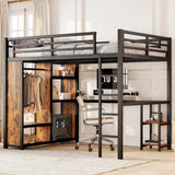 Queen Size Loft Bed with Desk and Storage Shelves, Queen Loft Bed with Wardrobe and Hanging Rod, Game Loft Beds with Guardrail, 