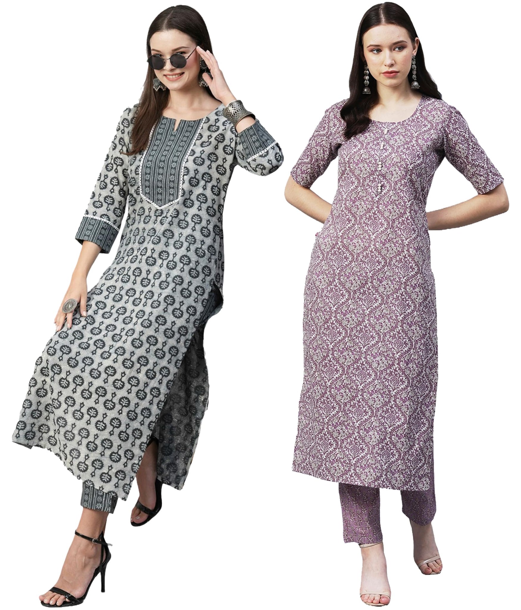 Anni Designer Women'S Cotton Blend Printed Straight Kurta With Pant Pack Of 2 (Combo-Sachi-Batakli_Multicolor_Medium),Multicolour,M