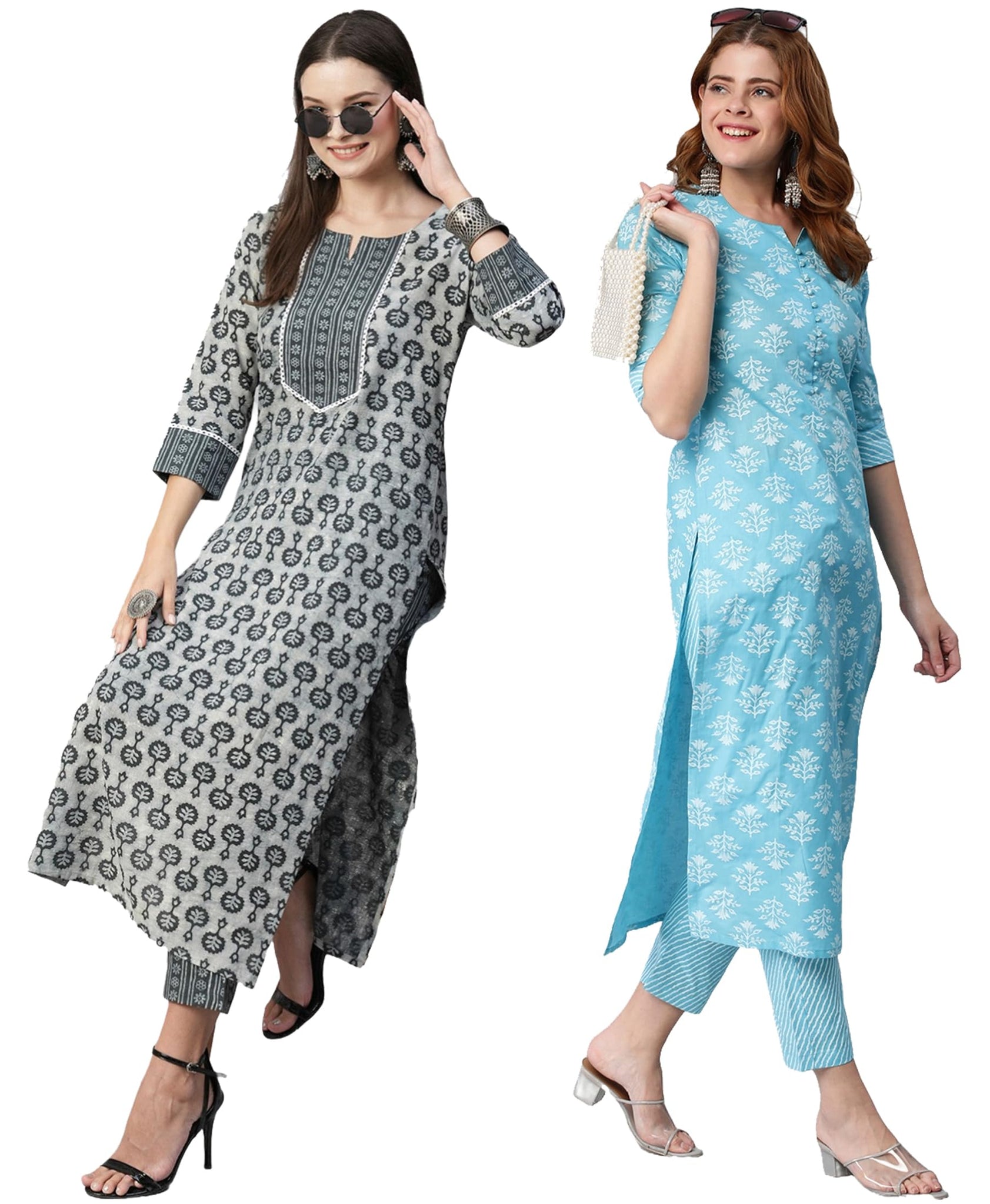 Anni Designer Women'S Cotton Blend Printed Straight Kurta With Pant Pack Of 2 (Combo-Sachi-Kidya_Multicolor_Xx-Large),Multicolour,2XL