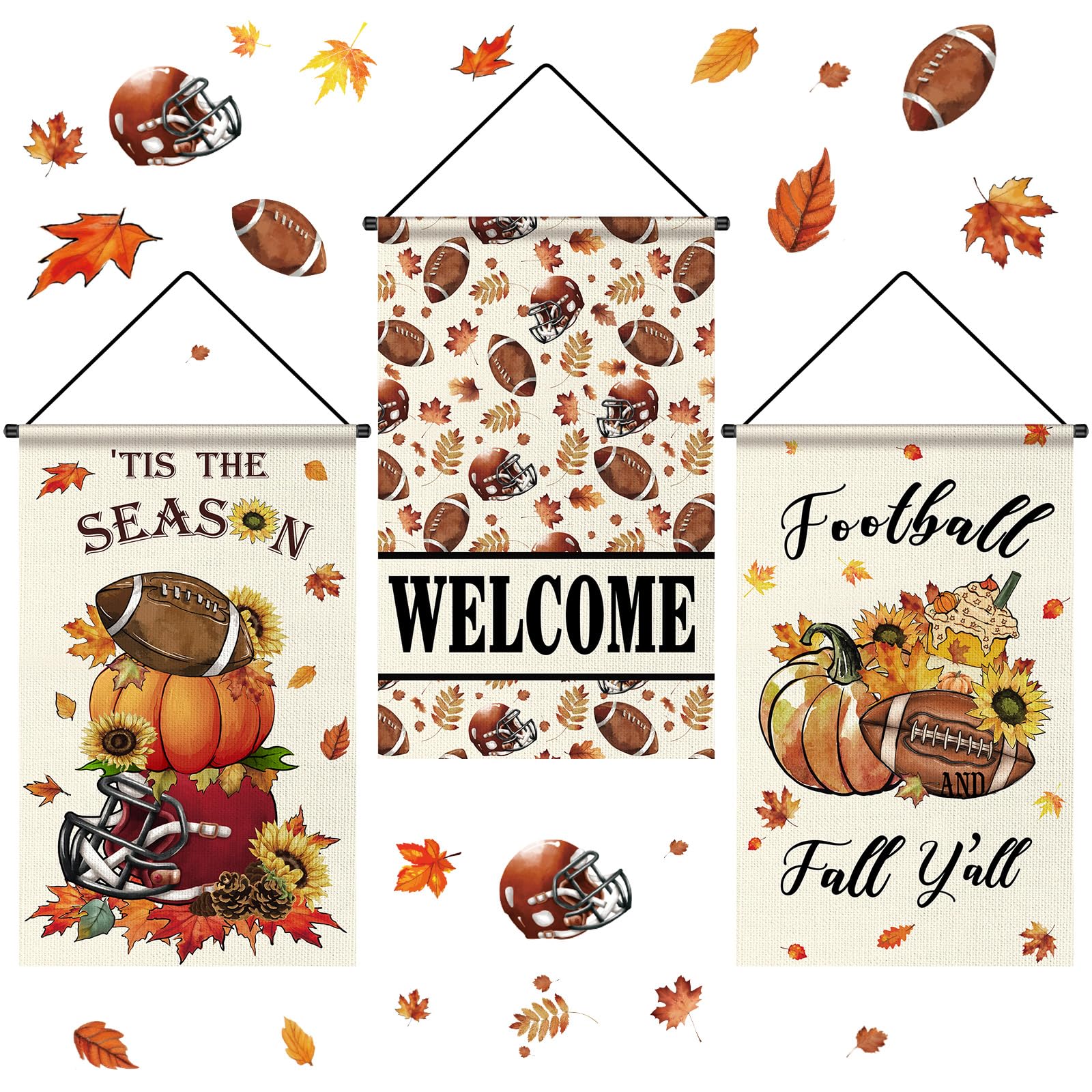 Tegeme 3 Pcs Fall Football Decorations Door Sign Flag Football Pumpkin Door Banner 12 x 20 Inch Autumn Welcome Hanging Banner Se