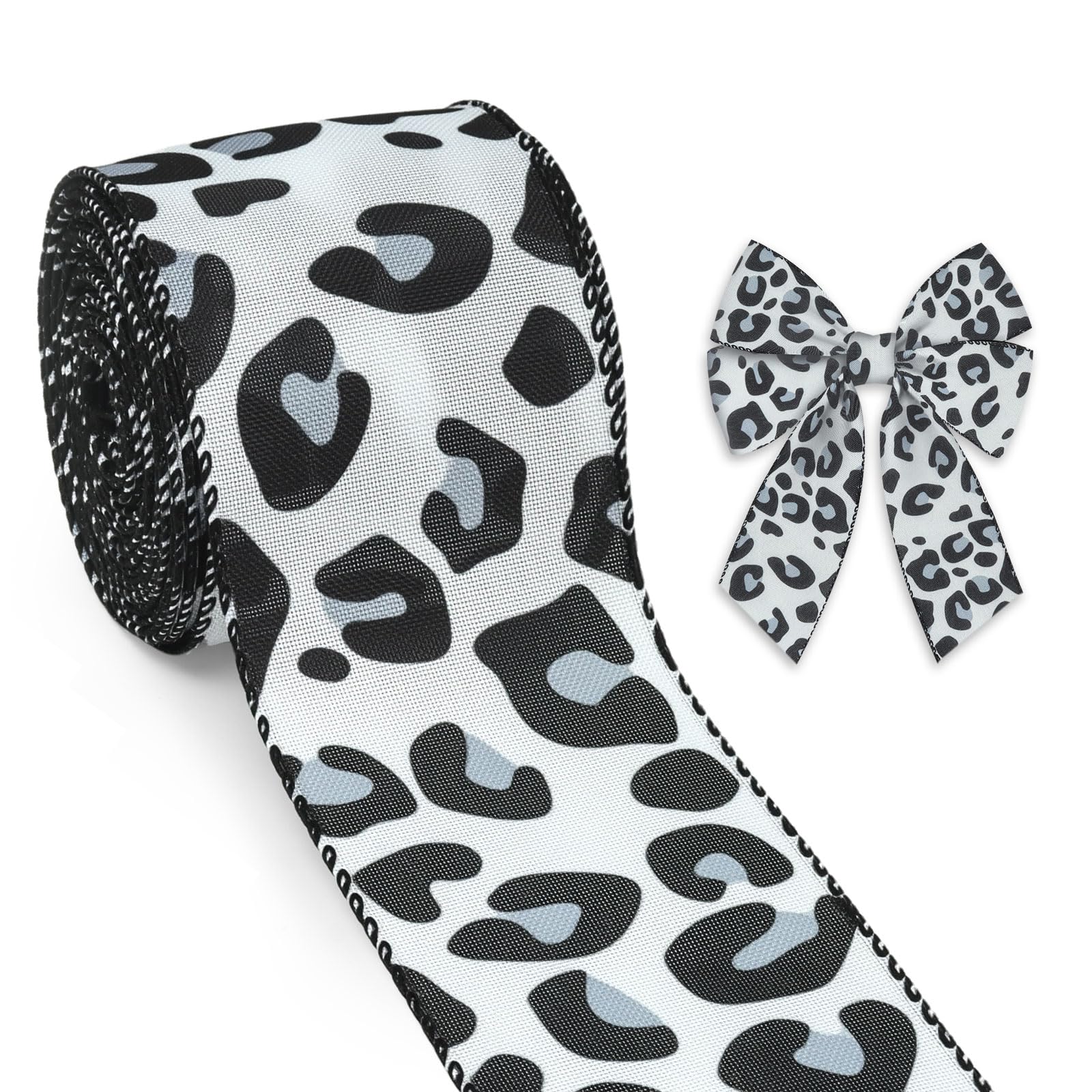 Threetols Leopard Print Wired Edge Ribbons 2.5 10 Yards Natural Gray Decor Wrapping Ribbon Animal Print Burlap Fabric Craft Ribb