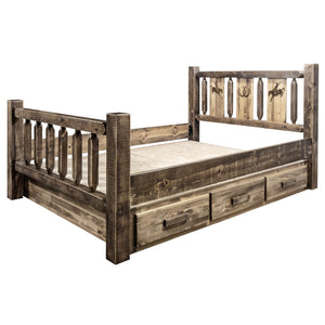 Montana Woodworks Homestead Collection Californai King Storage Bed With Laser Engraved Bronc Design, Stain & Clear Lacquer Finis