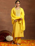 Libas Gerua Womens Yoke Design Silk Blend Straight Kurta With Trousers And Dupatta Yellow 2Xl Gs929