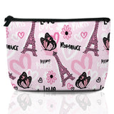 Pink Paris Eiffel Tower Travel Makeup Bag,Butterfly Flower Cosmetic Bags Small Waterproof Zipper Women Purse Mini Portable Trave