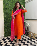 Anni Designer Women'S Rayon Viscose Embroidered Straight Kurta With Pant & Dupatta (Kalsubai Orange_Xxl_Orange_Xx-Large),Orange,2XL,,,
