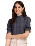 Wedani Women'S Casual Puff Sleeves Ruffled Collor Foral Top (Large Navy Blue),Navy Blue,L