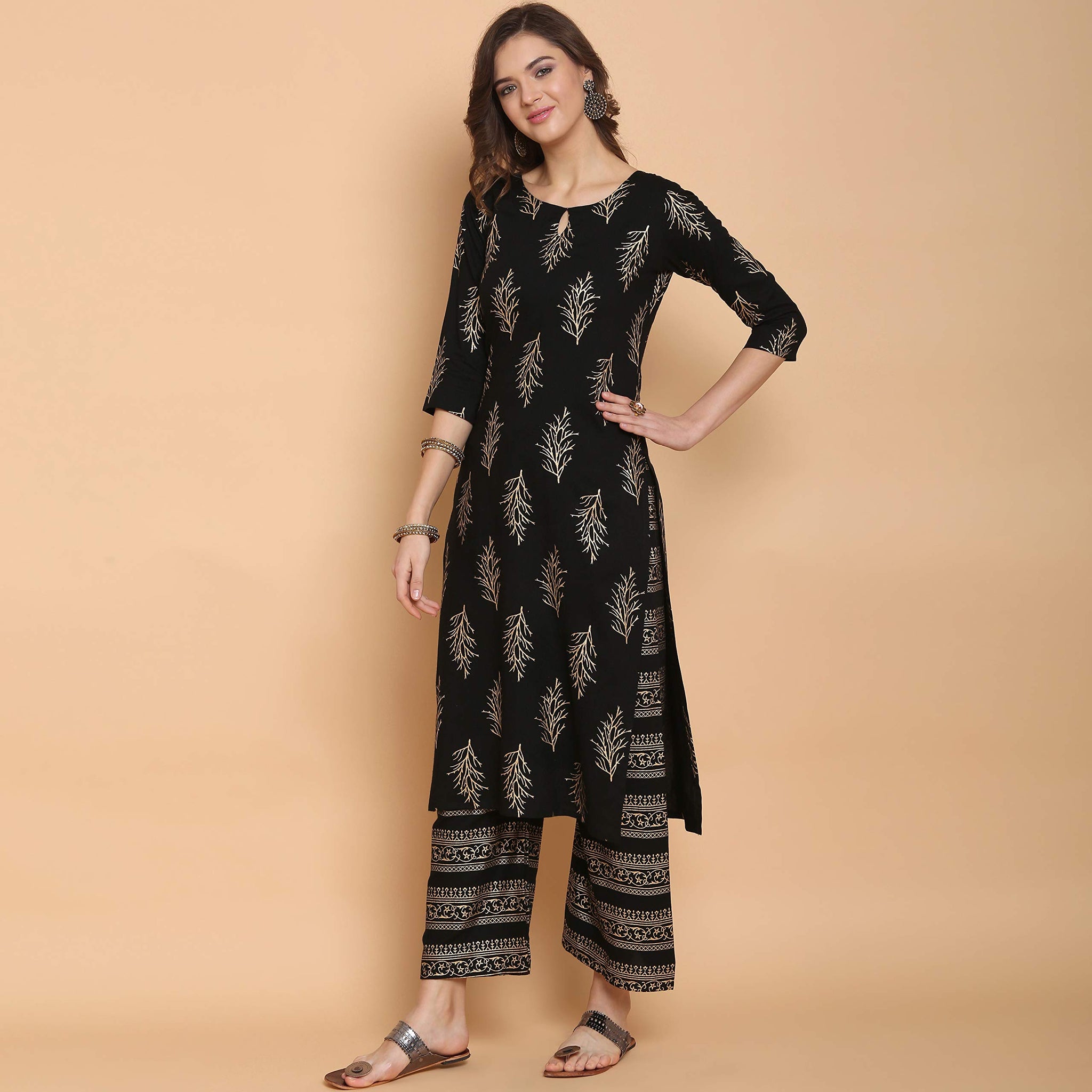 Gosriki Women'S Rayon Straight Kurta With Palazzo (Black S),Black,,B08WXFL7QL