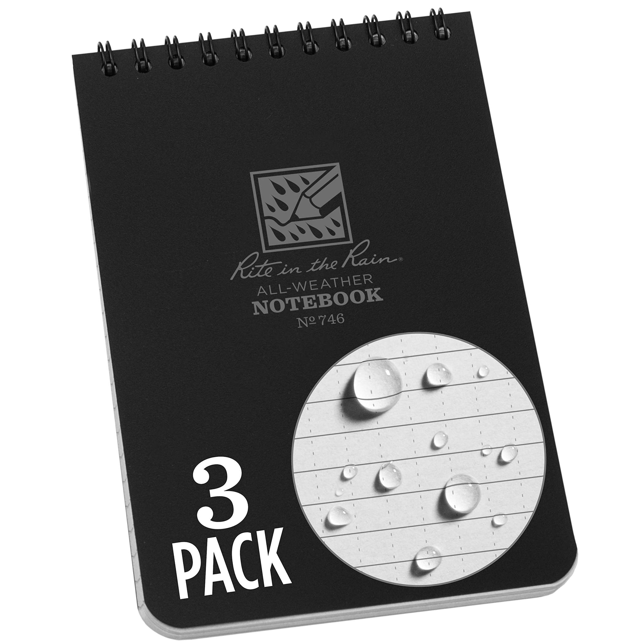 Rite In The Rain Weatherproof Top-Spiral Notebook, 4 X 6, Black Cover, Universal Pattern (No. 746-3), 3 Pack