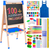 Blue Squid Art Easel for Kids Including 100+ Accessories - Double Sided Adjustable Wooden Painting Easel with Magnetic Chalk Boa