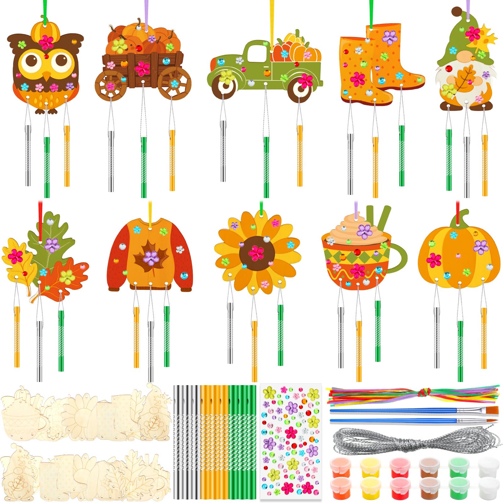 JellyArch 30 Pack Thanksgiving Day Fall Wind Chime Making Kit for Kids Make Your Own Wind Chime Harvest Maple Leaf Wooden Orname