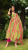 Anni Designer Women'S Cotton Blend Anarkali Printed Kurta With Pant & Dupatta (Boho-Mehandi_Xxl_Green_Xx-Large),Green,2XL,Cotton Blend,Regular,