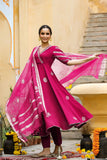Anni Designer Women'S Rayon Blend Anarkali Printed Kurta With Pant & Dupatta (Berlin Pink-Vks01_Xl_Pink_X-Large),Pink,XL,,,