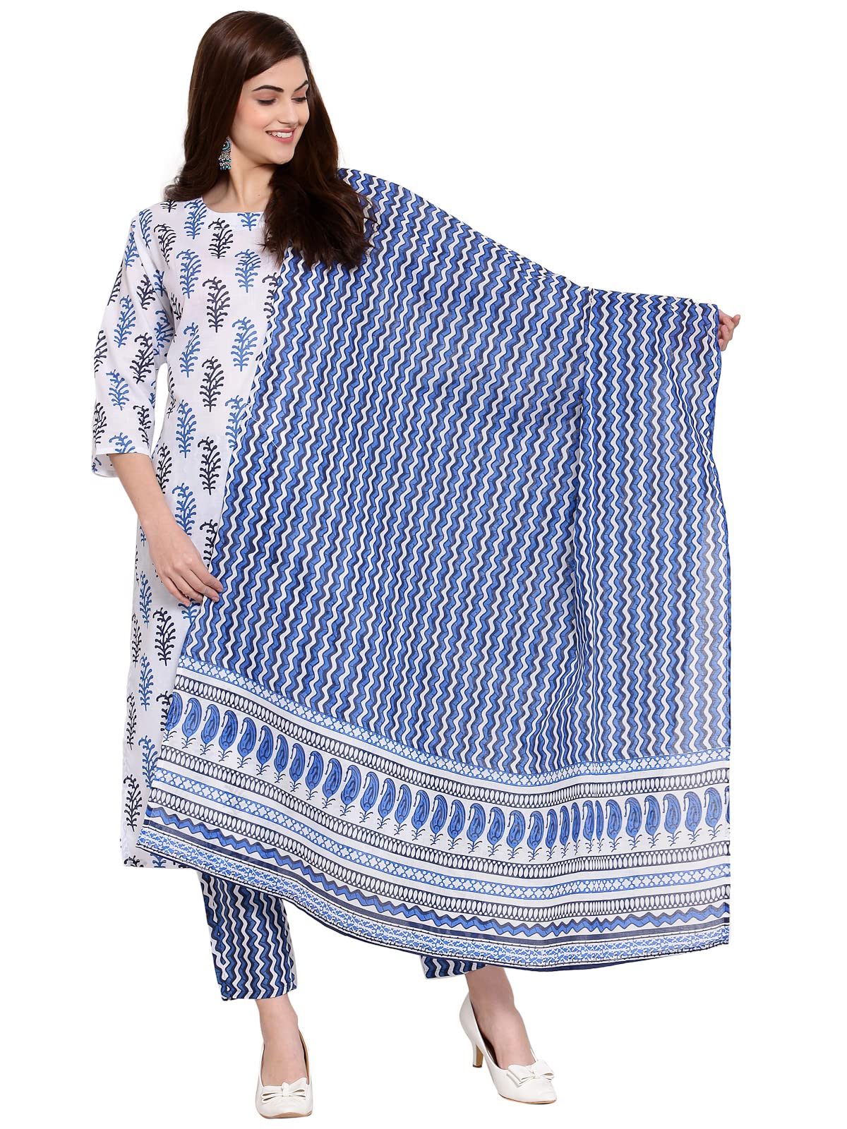 Anni Designer Women'S Cotton Straight Kurta With Pant & Dupatta (Kptd-Cot-10018-White_S_White_Small),White,S,,,