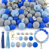 Sunrony 60Pcs Mixed Blue Gray Pastel Tassels Keychains Rhinestone Spacer Round Hexagon Silicone Beads for Keychain Making and Ne