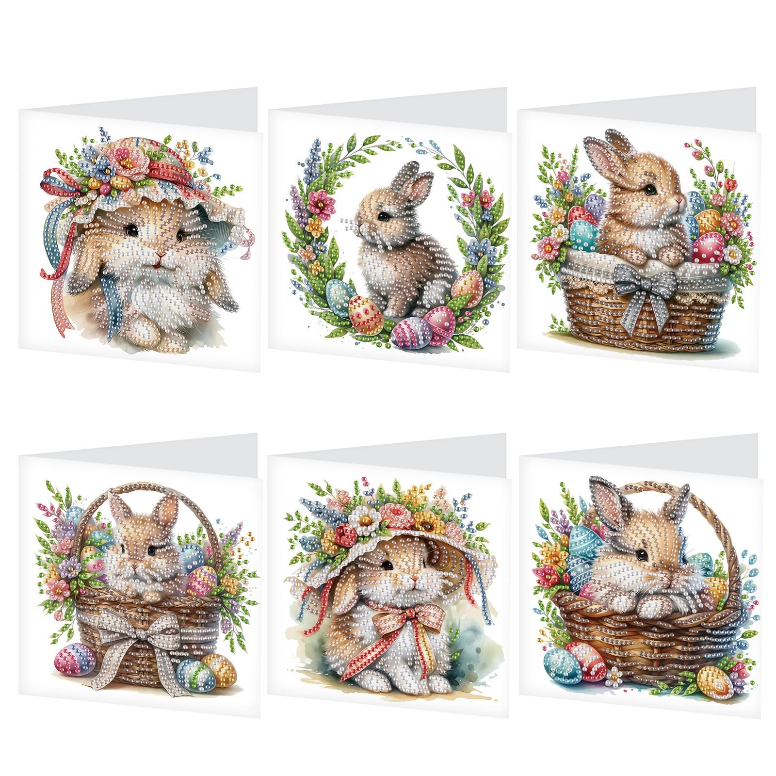Tontut 6pcs Diamond Art Painting Kit Greeting Card, Basket Bunny 5D DIY Diamond Handmade Holiday Glitter Greeting Card with Enve
