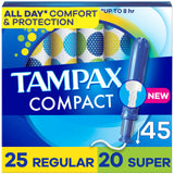 Tampax Compact Pearl Tampons Multipack, with LeakGuard Braid & Extendable Applicator, Regular/Super Absorbency, Compact Extendab