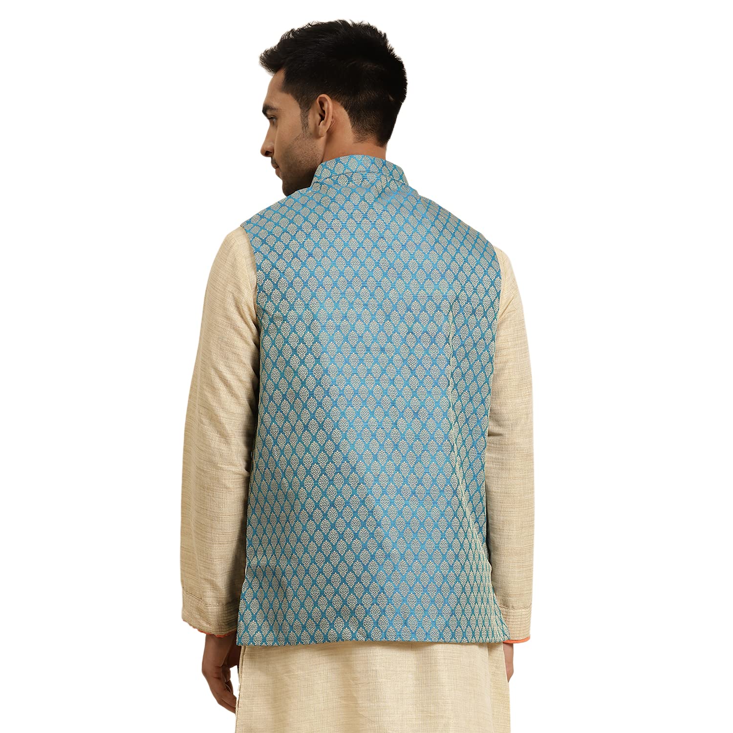 Sojanya (Since 1958, Men'S Jacquard Silk Peacock Blue Self Design Only Nehrujacket, Size: 42