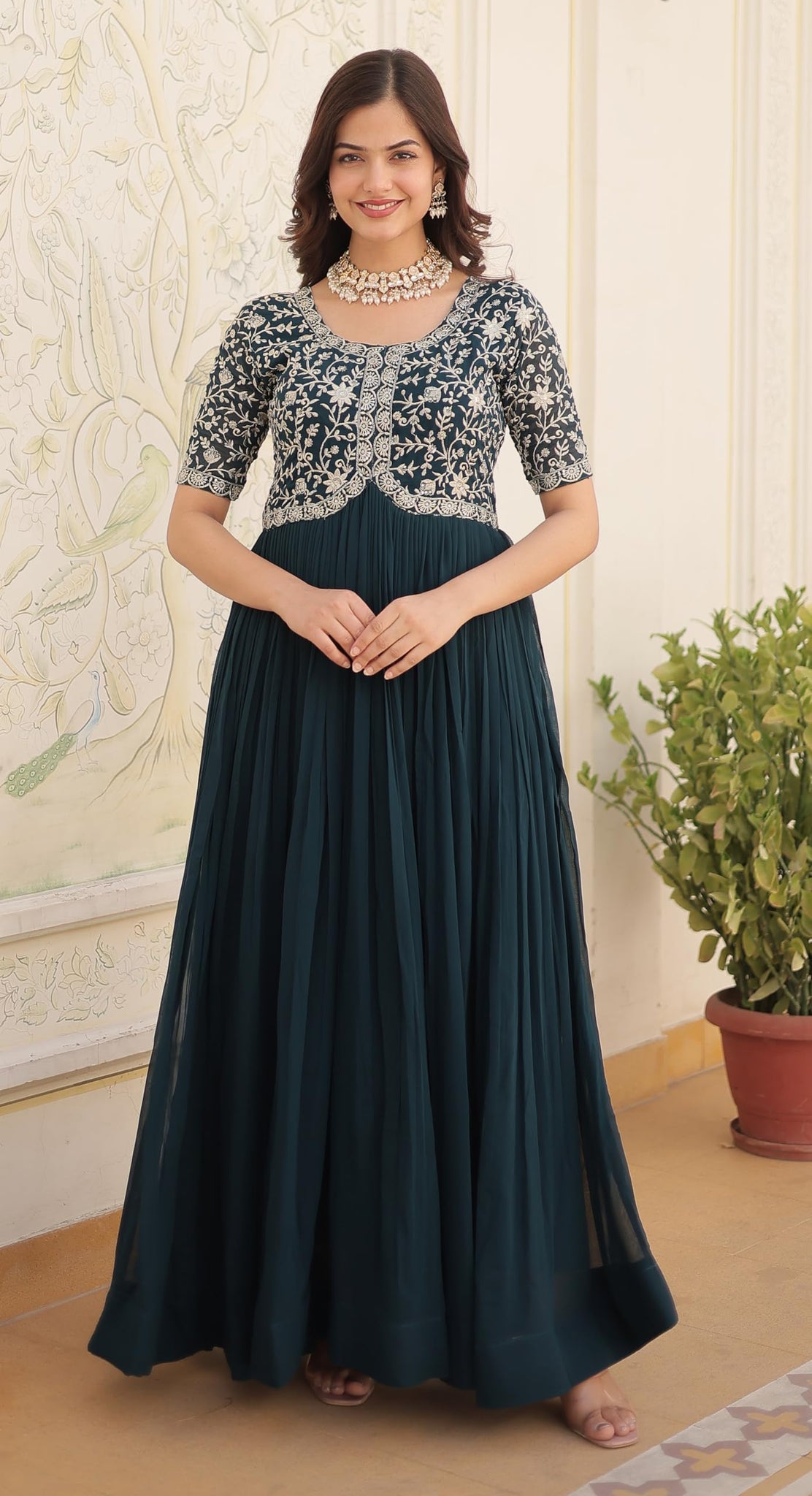 Fashion Basket Georgette Embroidered Anarkali Gown For Women Turquoise Turquoise 2Xl