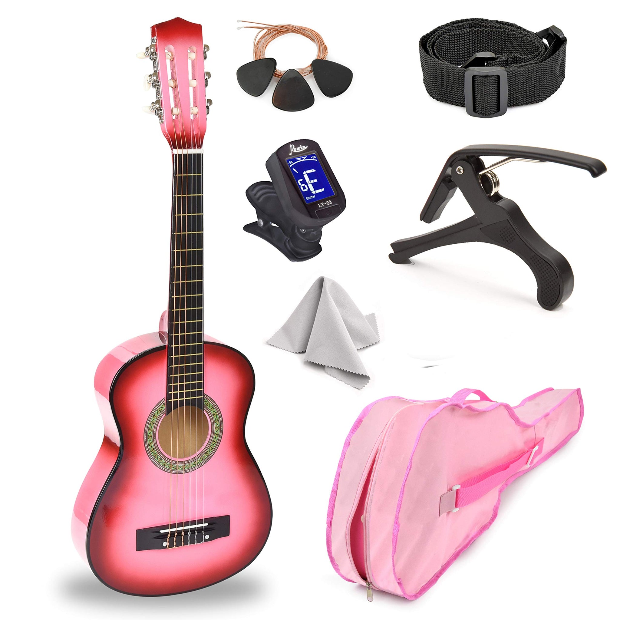 30 Wood Guitar With Case And Accessories For Kids/Girls/Boys/Beginners (Pink Gradient)