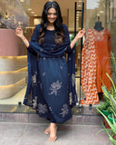 Anni Designer Women'S Rayon Viscose Anarkali Printed Kurta With Pant & Dupatta (Gangori Kerosin_S_Dark Blue_Small),Dark Blue,S,,,