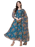 Women Floral Print Anarkali Kurta With Pant And Dupatta (Krt547) (Large Blue),Blue,L