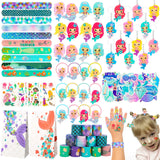 CHRIMISS 102Pcs Mermaid Party Favors Mermaid Bags Mermaid Slap Bracelets Rings Keychain Mermaid Hair Rings Temporary Tattoos Sti