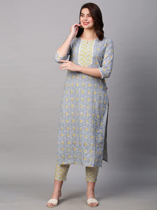 Gosriki Women'S Cotton Blend Traditional Straight Printed Kurta With Pant Set (Mikaa Grey-Fbf001-Gs_L_Grey_Large),Grey,,B0BSTYGQR8