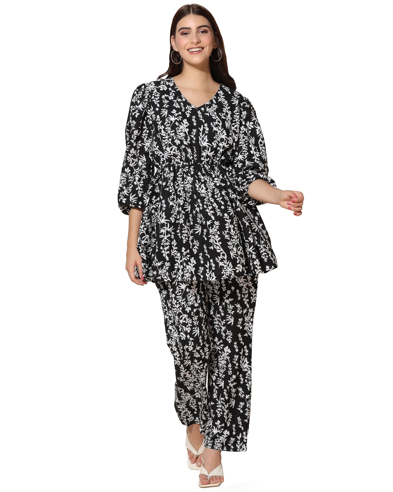 Toplot Co Ord Kurta Set For Women Printed Kurta With Pant (Tunic-Pant-5140-Flower-S) Charcoal,Charcoal,,B0CHB2J6JY