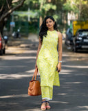 Gosriki Women'S Rayon Blend Straight Block Printed Kurta With Pant (Lemon-Lime-Gs_L_Green_Large),Green,,B0CZRV2NG2