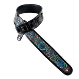 Walker And Williams LHR-16 Gloss Black Premium Thick Leather Guitar Strap With Cobalt Blue Floral Carving For Acoustic, Electric