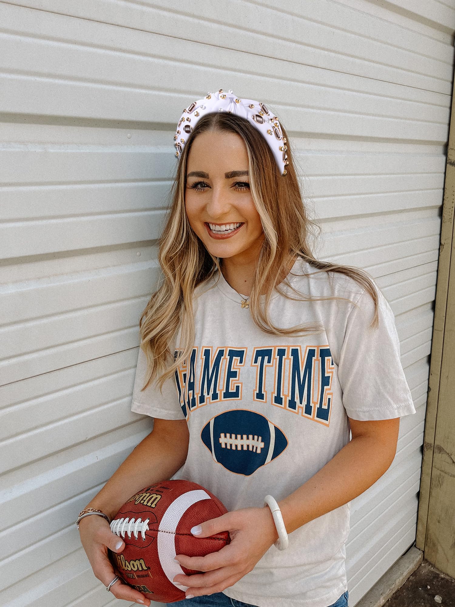 Football Headband Pearl Rhinestone Jeweled Knotted Headbandn Wide Game Day Sports Hair Accessories Gift for Football Mom Fans