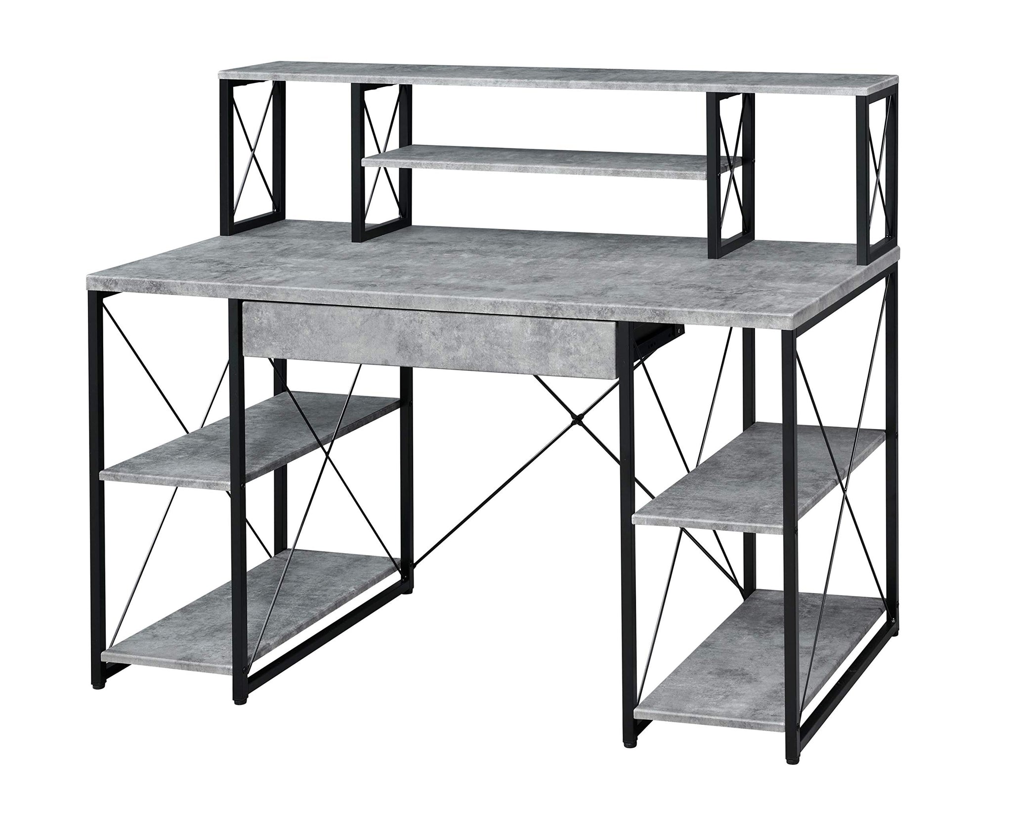 Benjara Metal Desk With 4 Open Bottom Shelves And Bookcase Hutch, Gray And Black