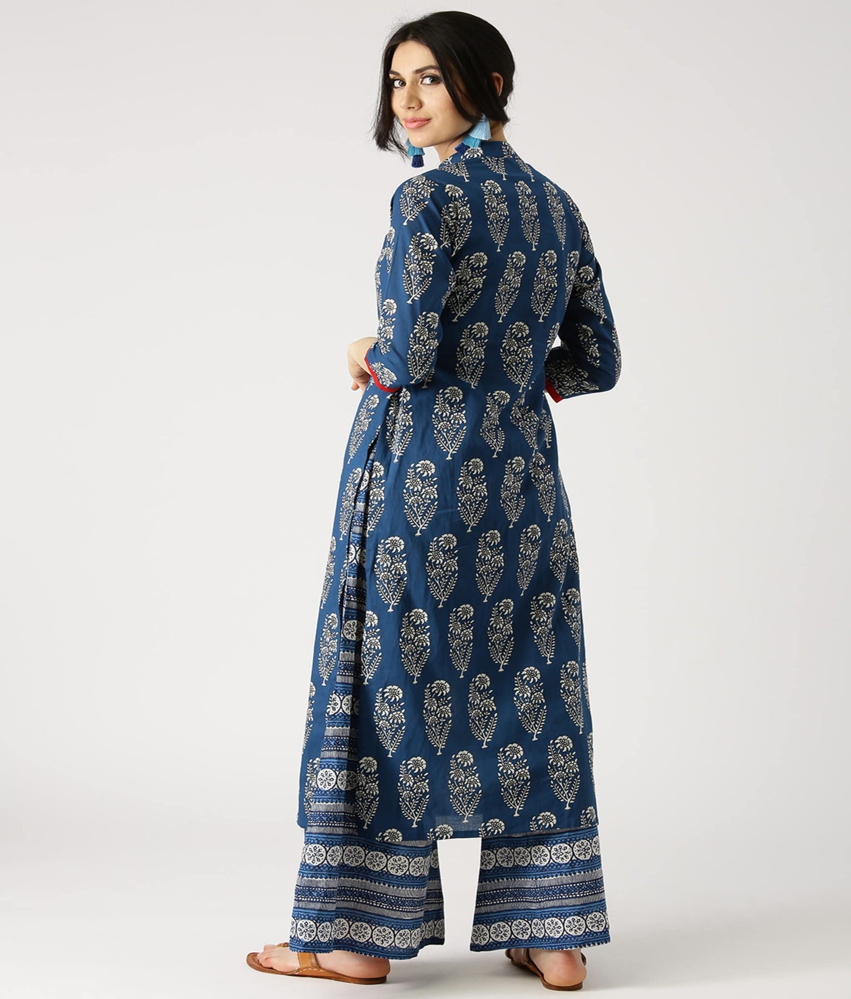 Anni Designer Women'S Cotton Blend Straight Printed Kurta With Palazzo (Firki Blue_S_Blue_Small),Blue,S,Cotton Blend,Straight,Palazzo