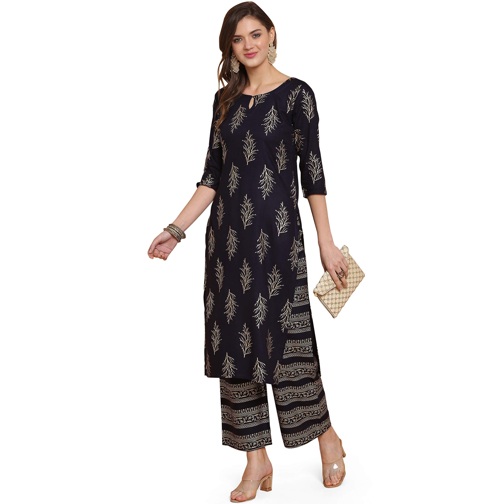 Anni Designer Women'S Rayon Straight Kurta With Palazzo Dark Blue,Dark Blue,2XL