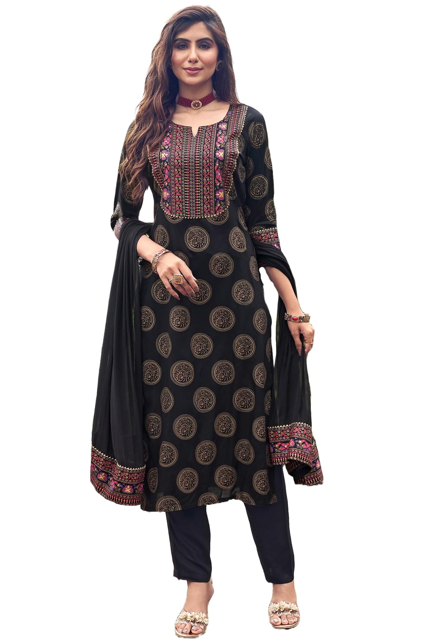 Anni Designer Women'S Cotton Blend Printed Straight Kurta With Pant & Dupatta (Nov-Black-Nrb X-Large),Black,XL,,,