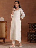 Libas Womens Embroidered Cotton Straight Kurta With Trousers And Dupatta Off White As Shown