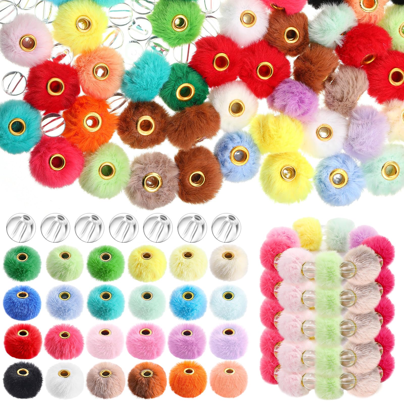 Ferreve 360 Pcs Fuzzy Faux Fur Poms Beads for Pens Bulk Soft Fluffy Colored Spacer Clear Beads for DIY Bracelet Keychain Pens Ha