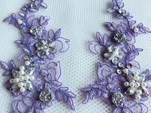 wtbv.n 23x9cm sew on Beaded Rhinestones Light Purple lace Applique Veil Manual DIY Accessories 2pcs/Bag