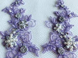 wtbv.n 23x9cm sew on Beaded Rhinestones Light Purple lace Applique Veil Manual DIY Accessories 2pcs/Bag