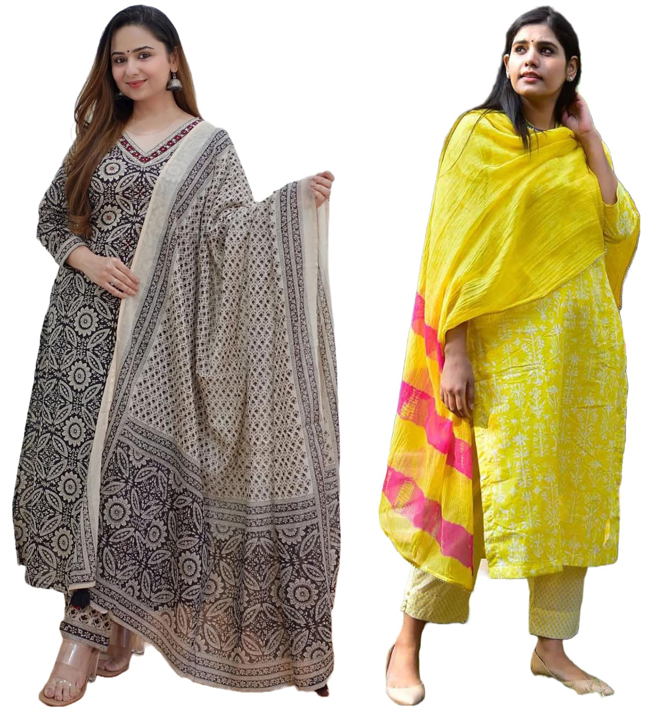 Anni Designer Women'S Cotton Blend Printed Straight Kurta With Pant & Dupatta Pack Of 2 (Combo-Nihira Cream-Bagru-Yellow_Xxl_Multi_Xx-Large),Multicolour,2XL,,,
