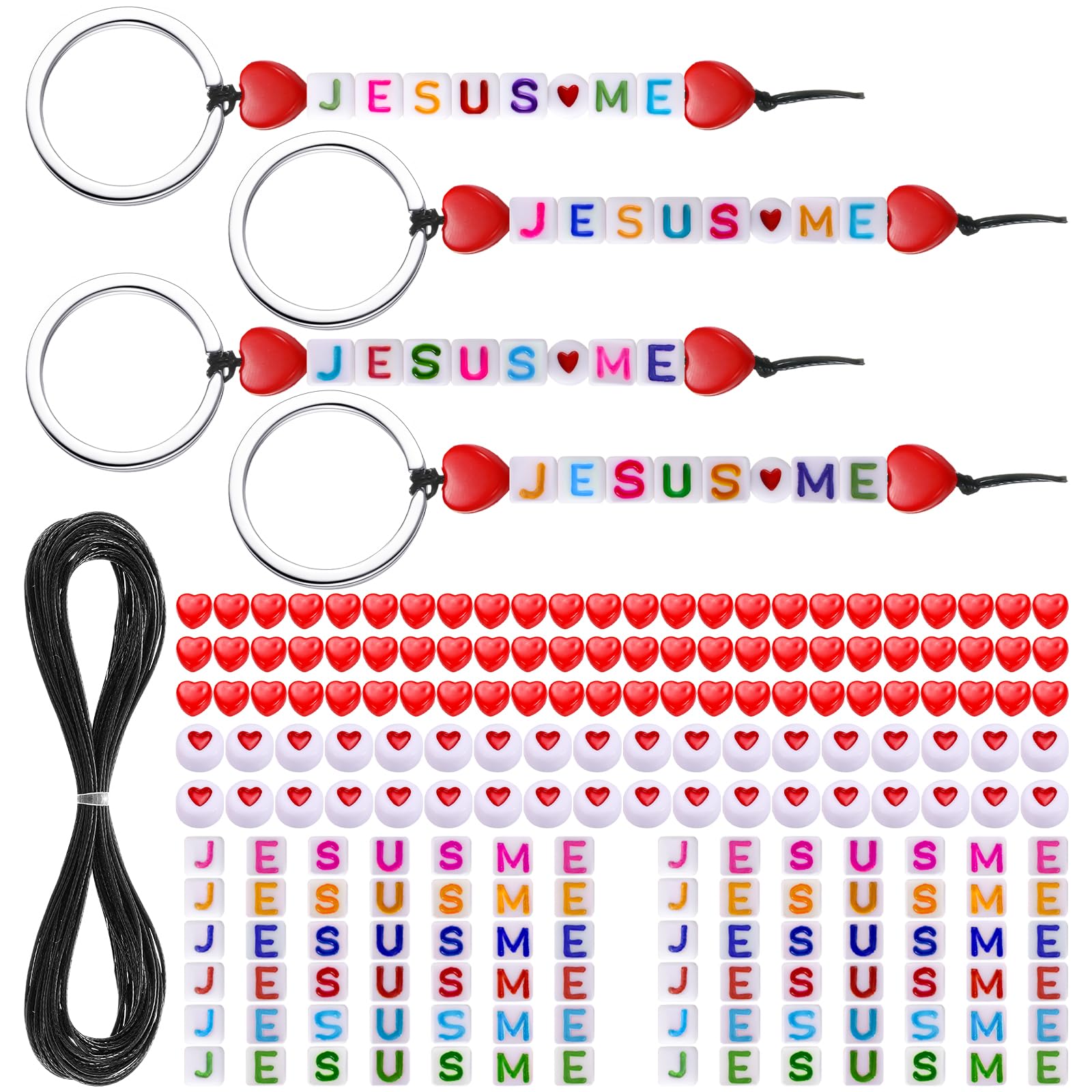 Ferreve 36 Sets Jesus Loves Me Beads Key Chain Crafts Kit for Kids Religious DIY Keychain Bulk Inspirational Letter Heart Shape 