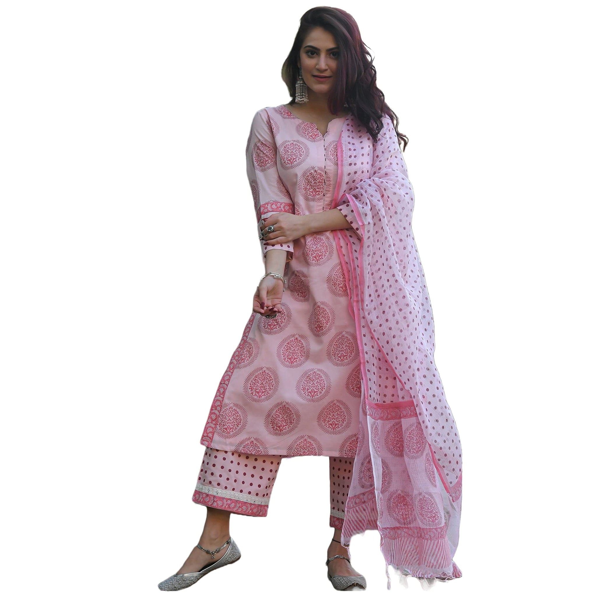 Anni Designer Women'S Cotton Blend Straight Printed Kurta With Palazzo & Dupatta (Chhapa-Pink_L_Pink_Large),Pink,L