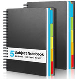 Yeaqee 2 Pack 5 Subject Notebook, College Ruled, Spiral Notebook with Removable Dividers, 8.5inch x 11inch 400 Pages (200 Sheets) Writ