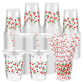 Funnymoom 50 Sets Cherry Disposable Plastic Cups Bulk with Lids Straws 16 oz Red Cherry Clear Plastic Cups Flower Cold Beverage 