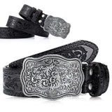 Xuniea Mens Cowboy Western Leather Buckle Belt Engraved Floral Buckle Belt Vintage Embossed Belt, 11/2 Inch Wide, Black, 43 Inc