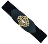 Syga WomenS Pu Leather Cinch Belt With Antique Crystal Floral Metal Buckle, Stretchable Waistband For Dresses Black
