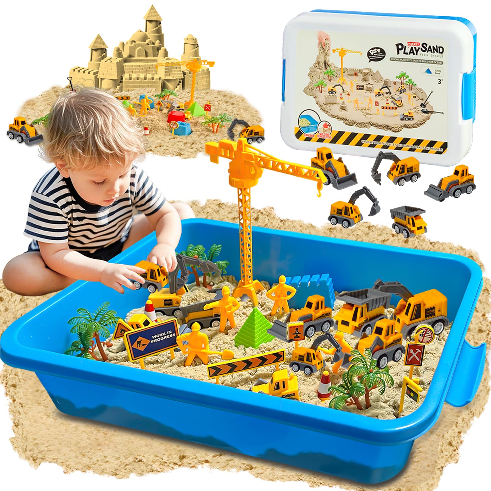 BlingCnsy Construction Sensory Bin with Lid, Play Sand Kit for Boys with 2.2lbs Magic Sand & 5 Construction Trucks, Sensory Cons